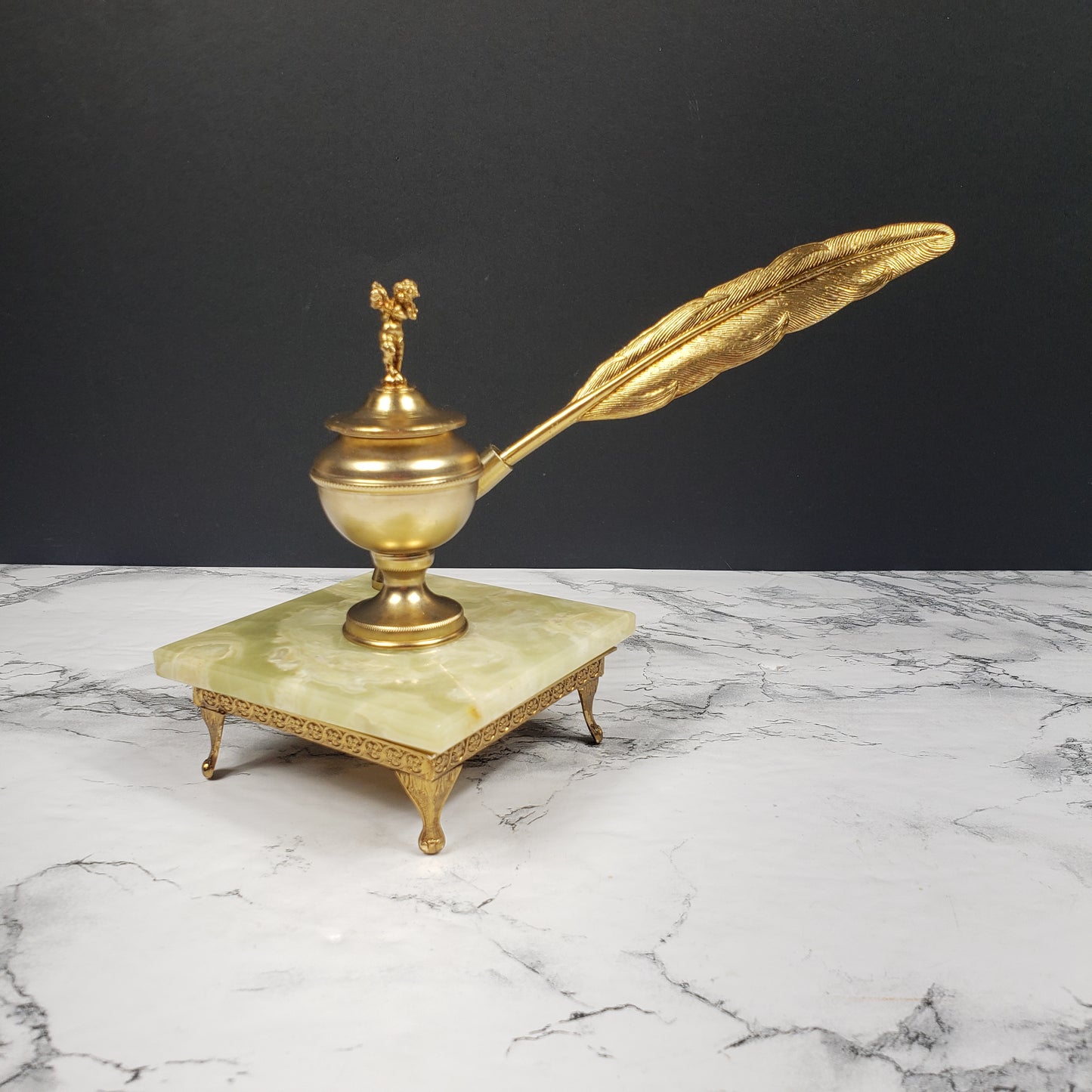 Hollywood Regency Cherub Brass & Marble Ink Well Quill Vintage