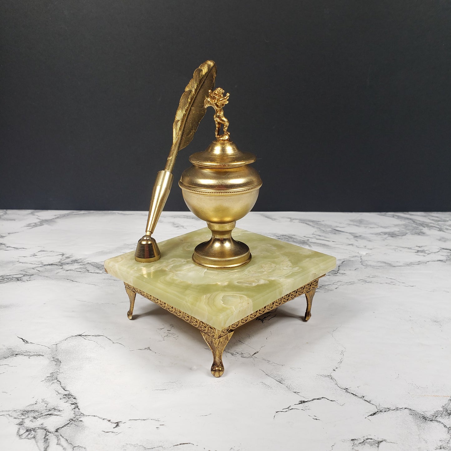 Hollywood Regency Cherub Brass & Marble Ink Well Quill Vintage