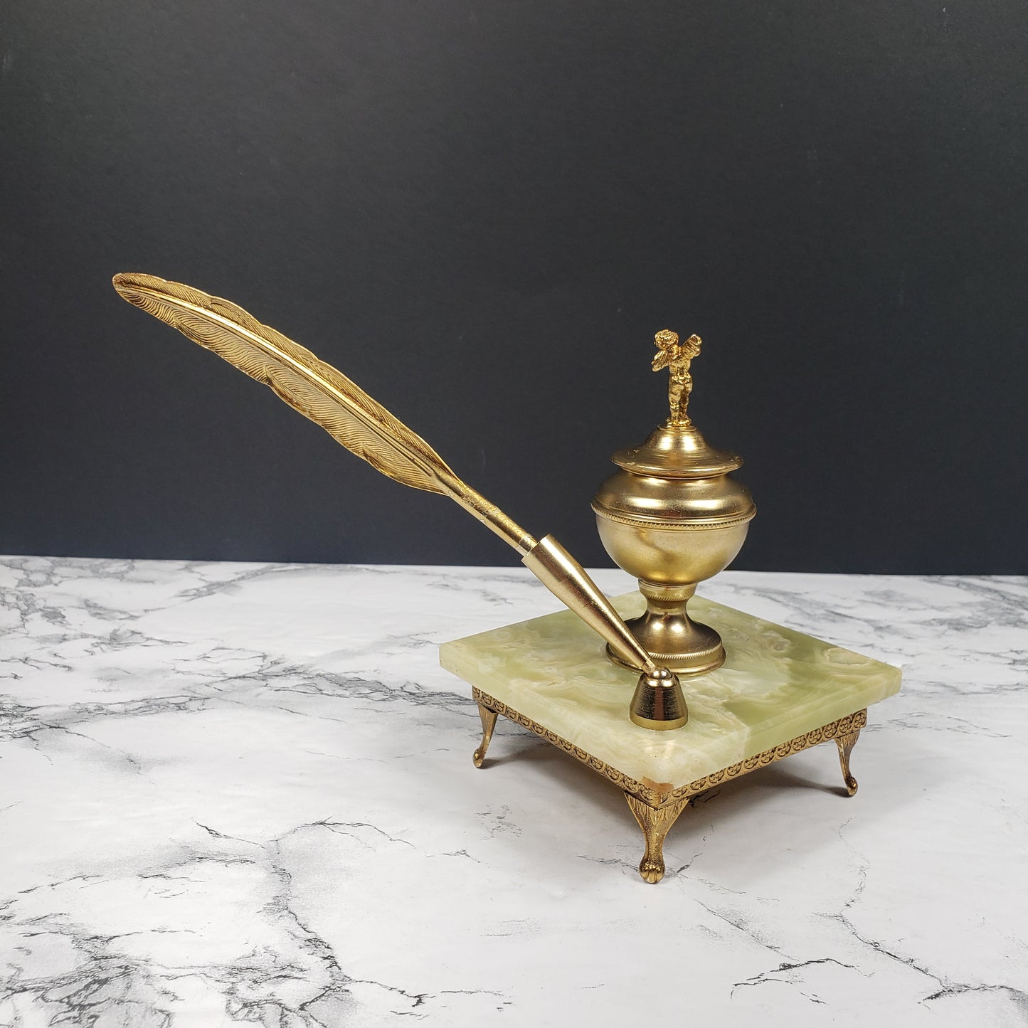 Hollywood Regency Cherub Brass & Marble Ink Well Quill Vintage