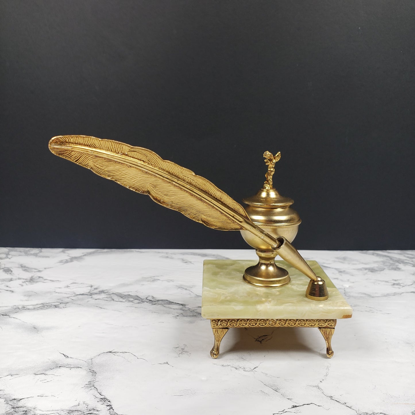 Hollywood Regency Cherub Brass & Marble Ink Well Quill Vintage