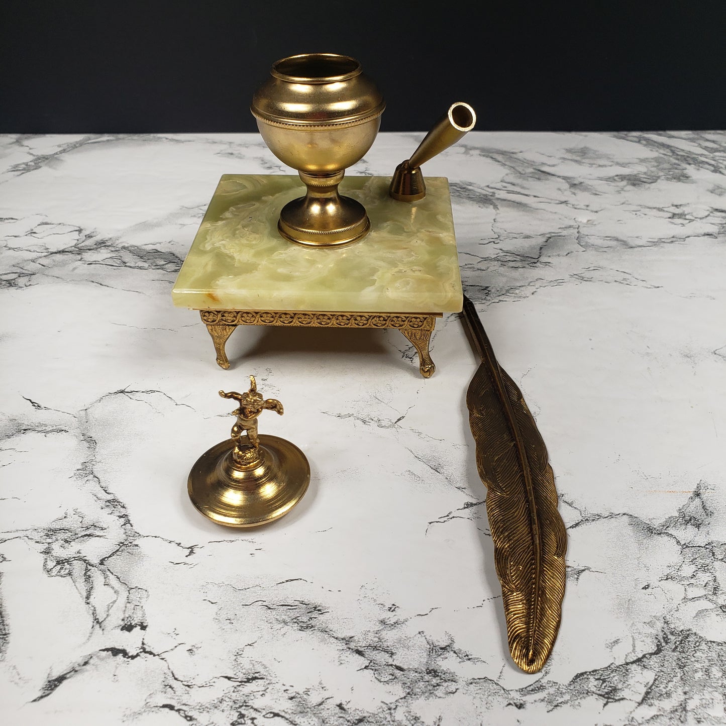 Hollywood Regency Cherub Brass & Marble Ink Well Quill Vintage