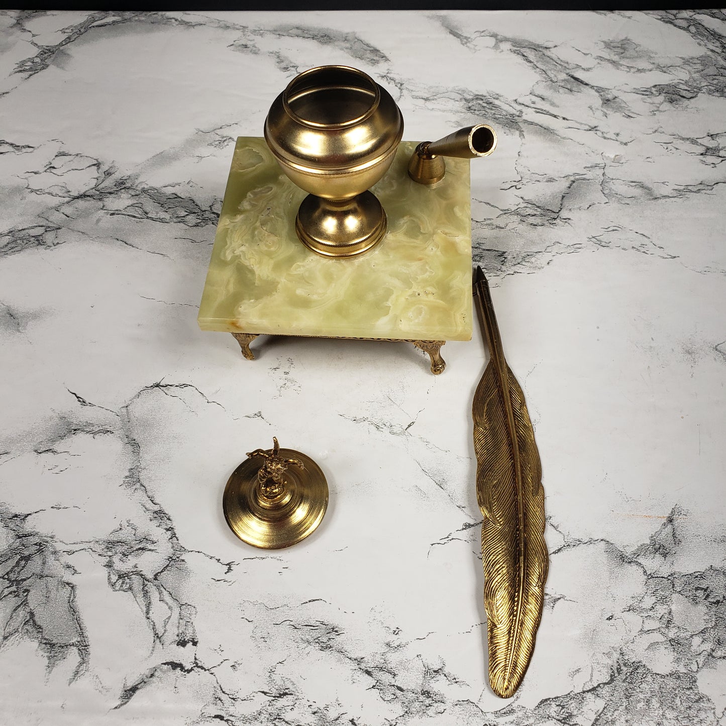 Hollywood Regency Cherub Brass & Marble Ink Well Quill Vintage