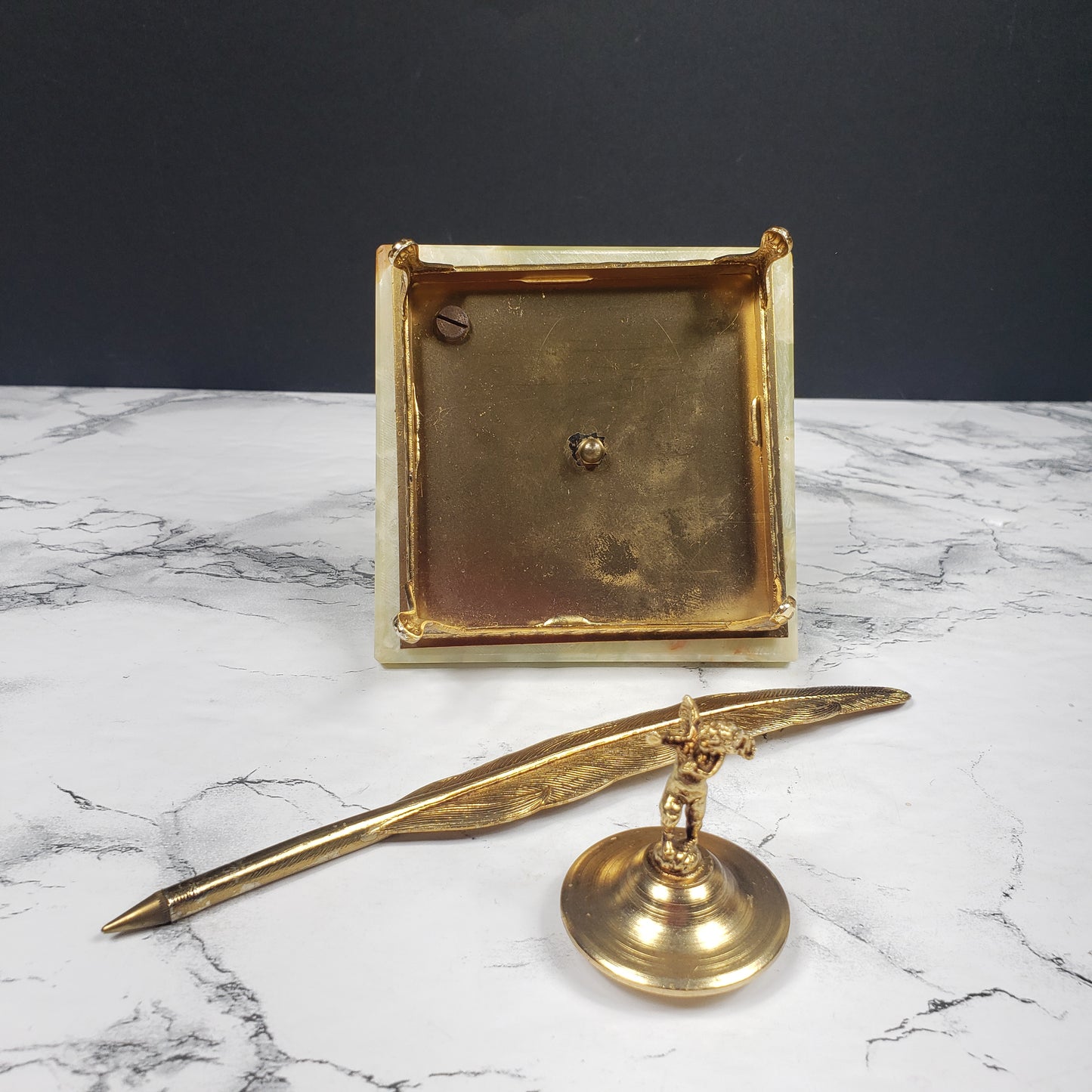Hollywood Regency Cherub Brass & Marble Ink Well Quill Vintage