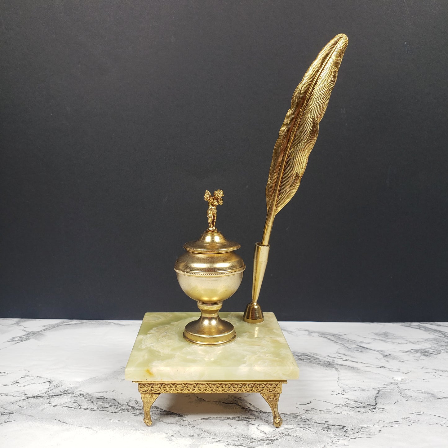 Hollywood Regency Cherub Brass & Marble Ink Well Quill Vintage