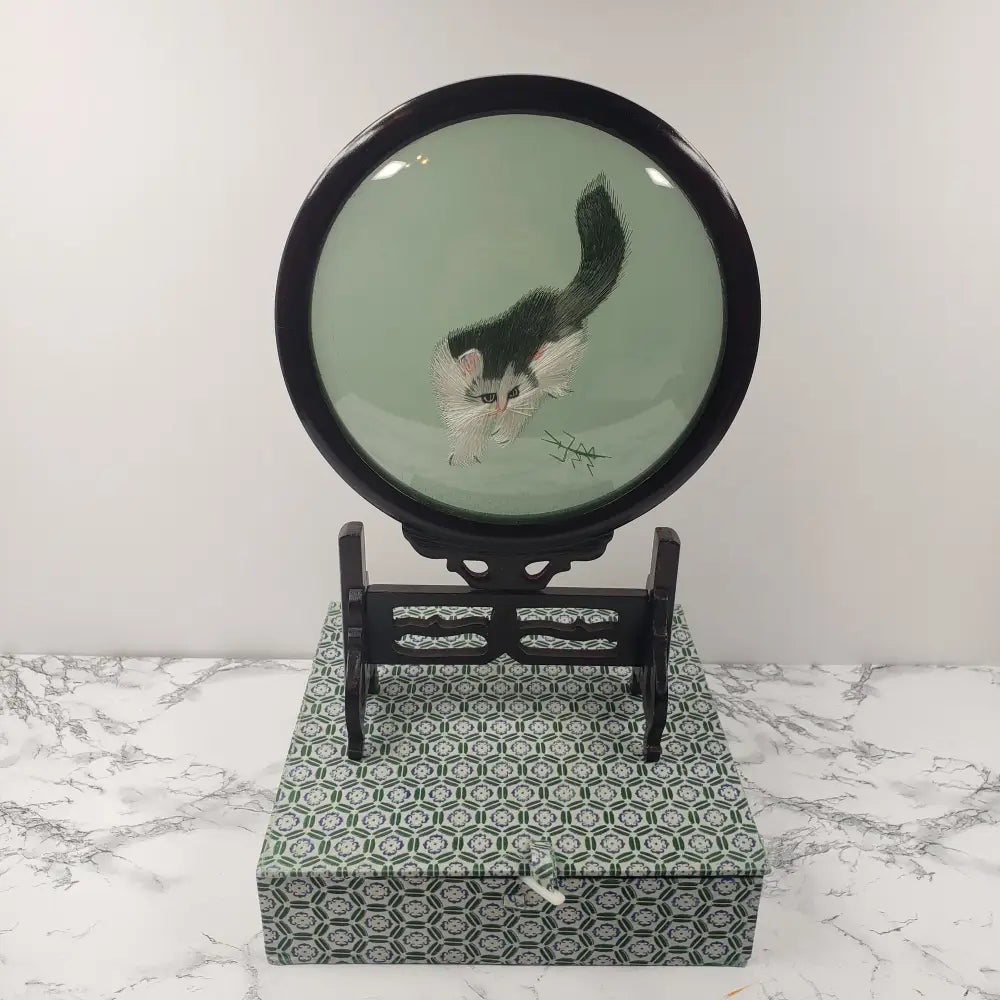 Asian Embroidered Cats Playing Wood Glass Vintage Decor