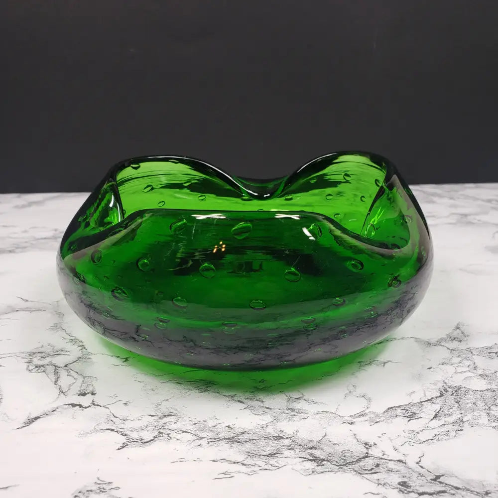 Blenko Bullicante Emerald Glass Crimped Rim Bowl Vintage Decor