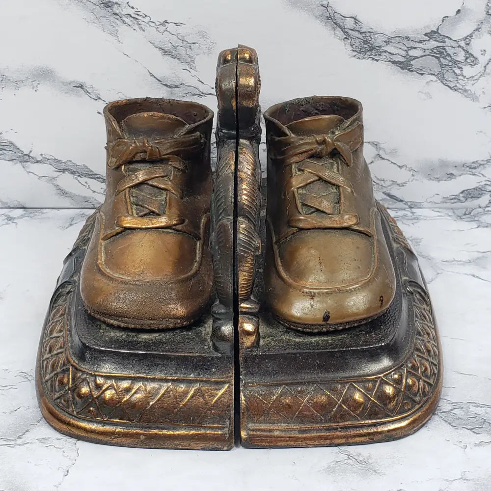 Bookend Pair Bronze Baby Shoes Vintage Decor