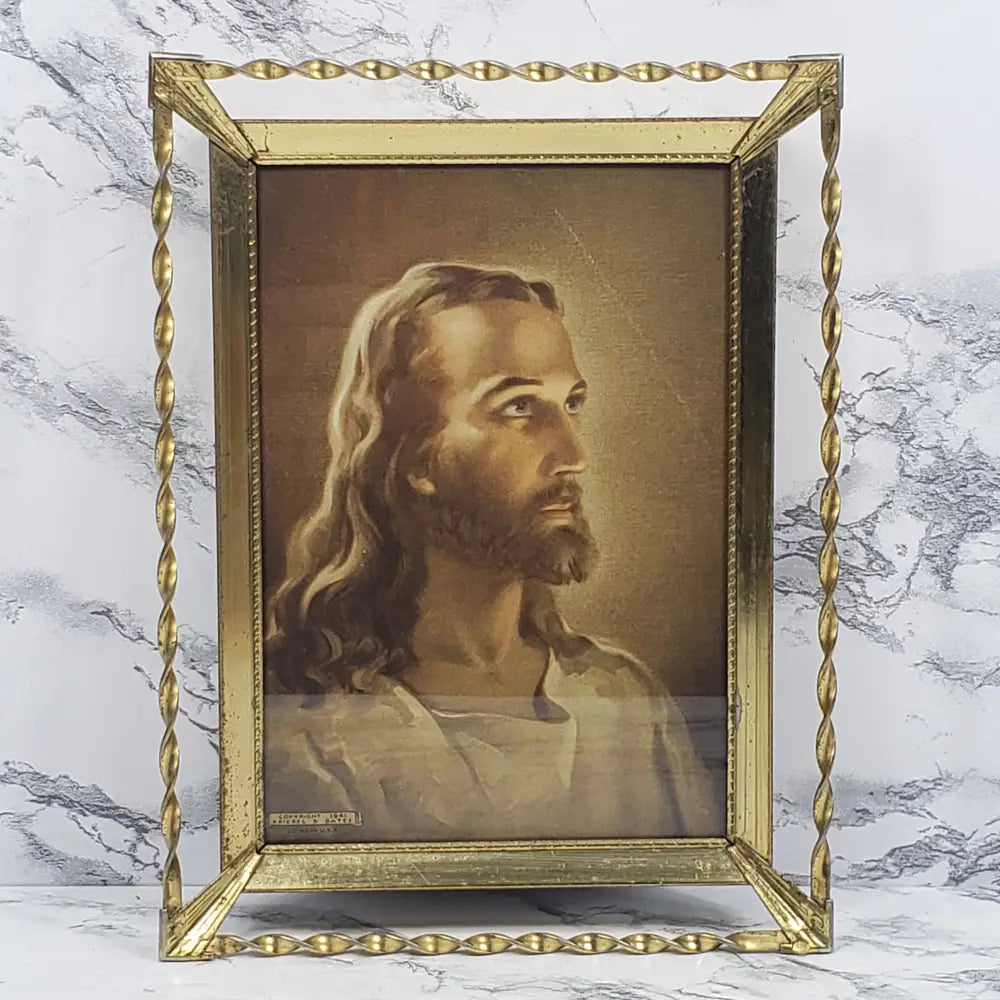 Brass Framed 1941 Jesus Lithograph Decor