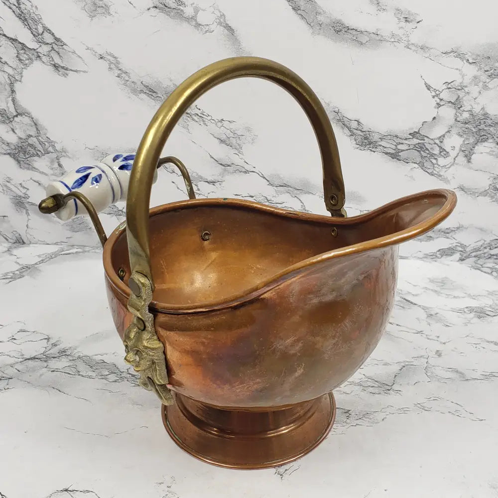 Copper And Brass Delft Handle Coal Bucket Planter Pot Vintage Decor