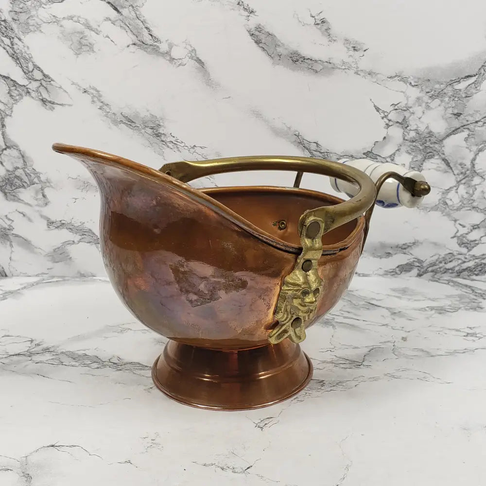Copper And Brass Delft Handle Coal Bucket Planter Pot Vintage Decor