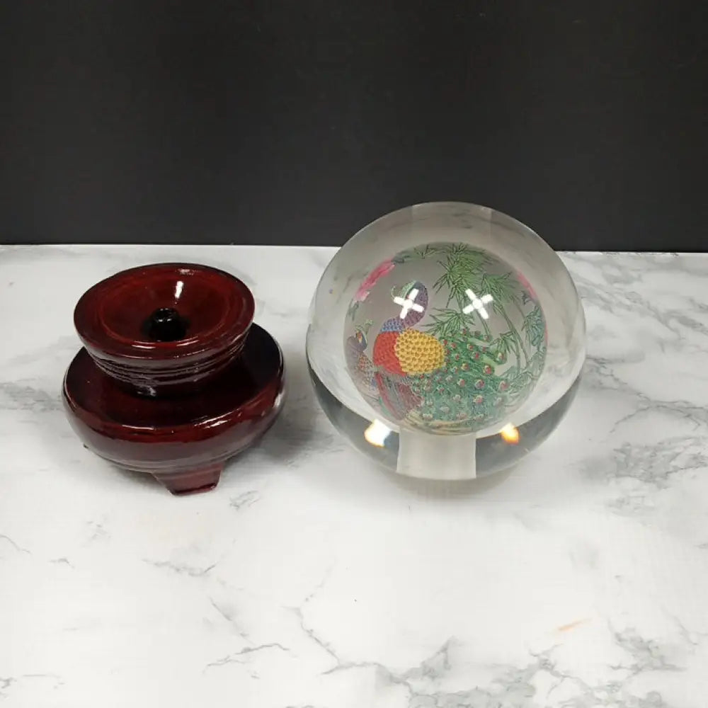 Reverse Painted Peacock Crystal Ball With Stand ( Vintage ) Decor