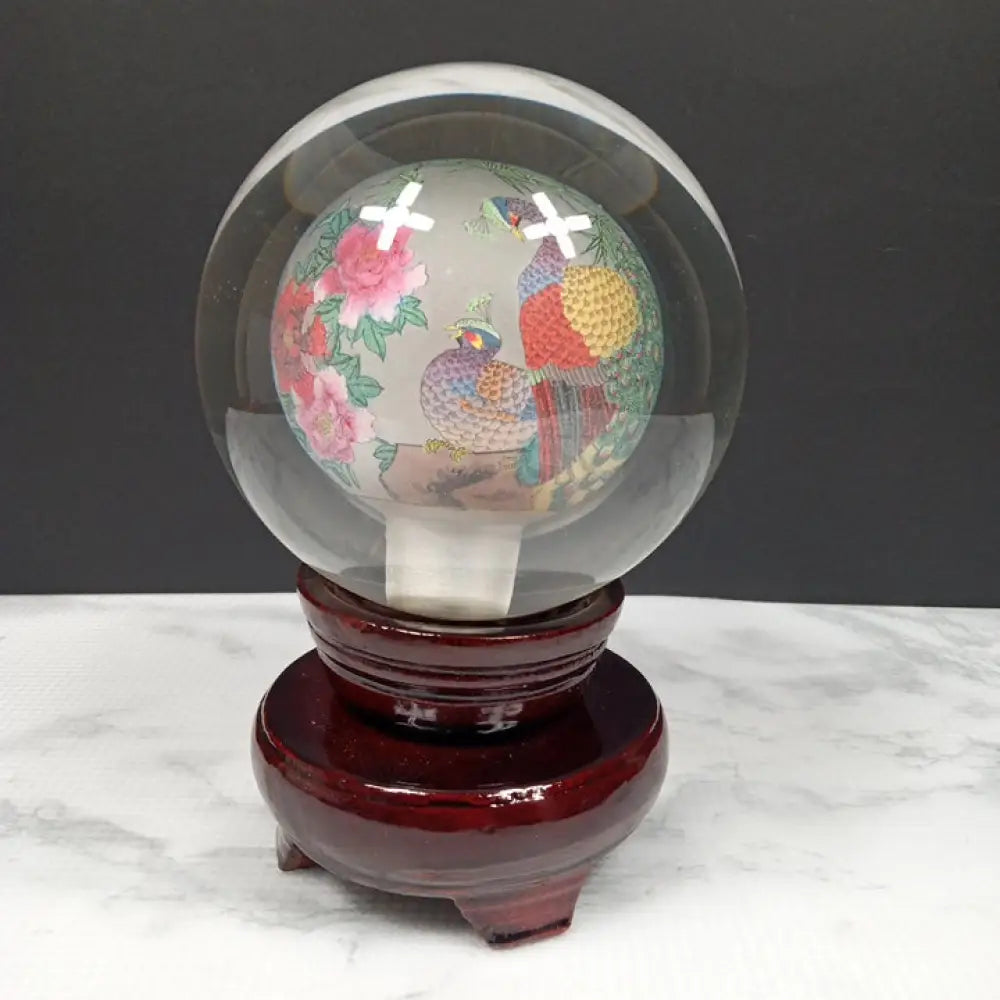 Reverse Painted Peacock Crystal Ball With Stand ( Vintage ) Decor