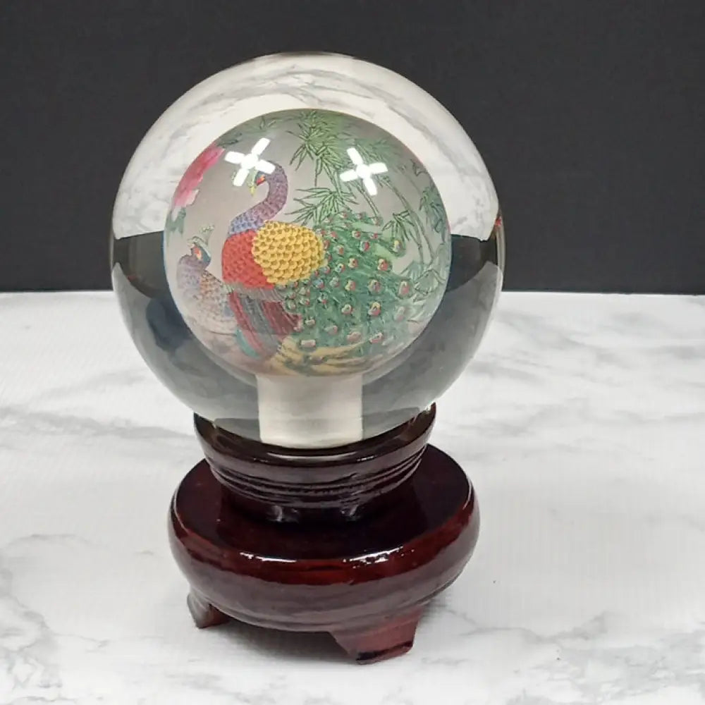 Reverse Painted Peacock Crystal Ball With Stand ( Vintage ) Decor