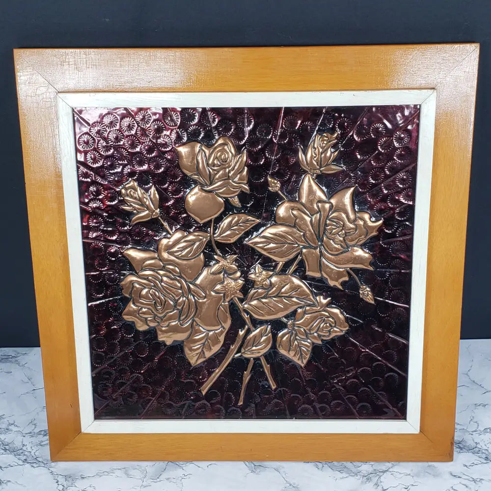 Embossed Copper Roses Artist Signed Vintage Decor