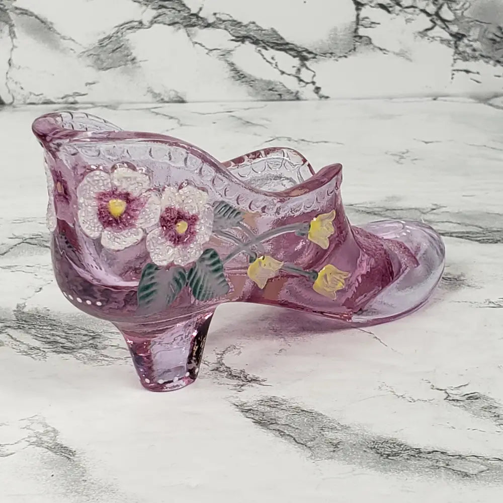 Fenton Glass Shoe Hand Painted Artist Signed Vintage Collectibles