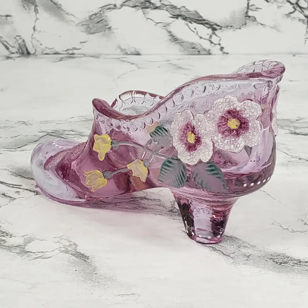 Fenton Glass Shoe Hand Painted Artist Signed Vintage Collectibles