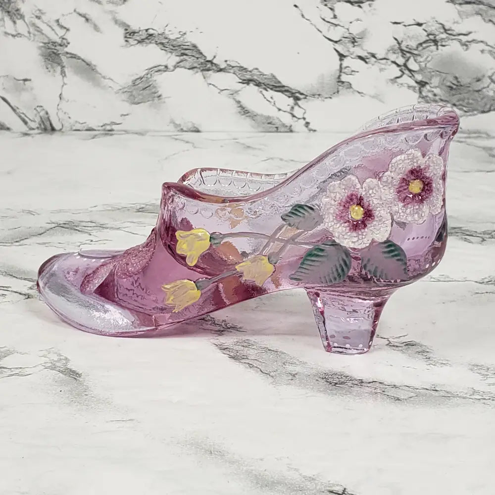 Fenton Glass Shoe Hand Painted Artist Signed Vintage Collectibles