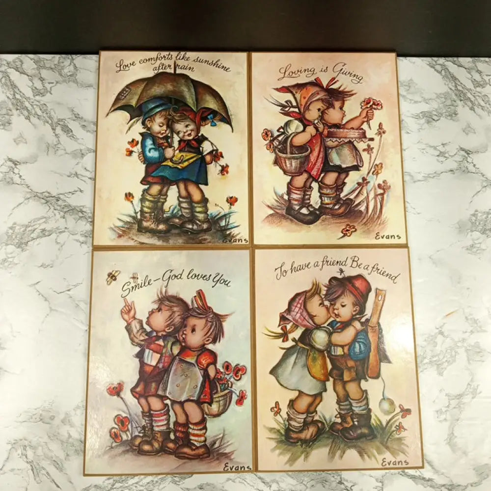 Four Hummel Evans Laminate Prints On Wood Vintage Decor
