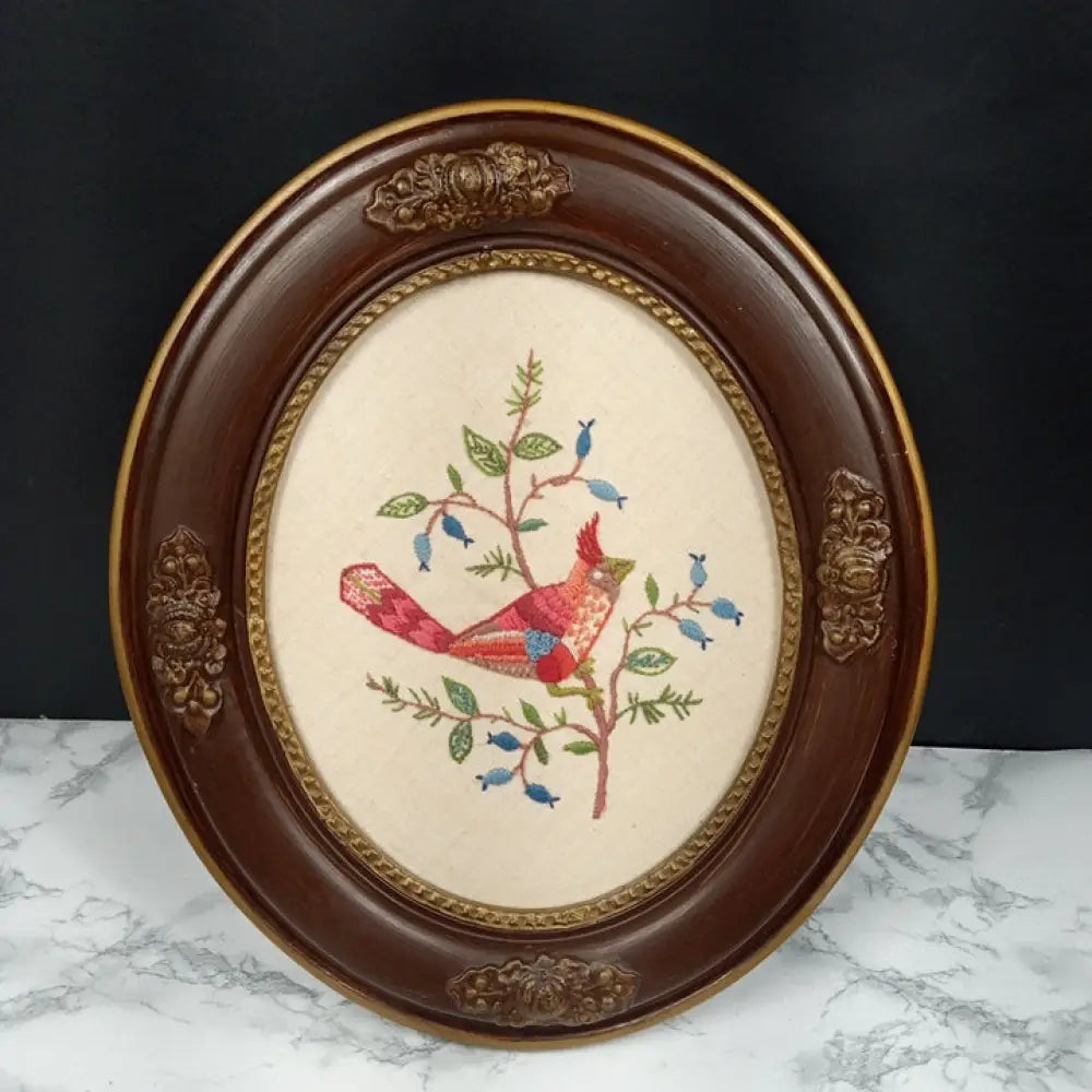 Antique Framed Red Bird Needlepoint ( Vintage ) Decor