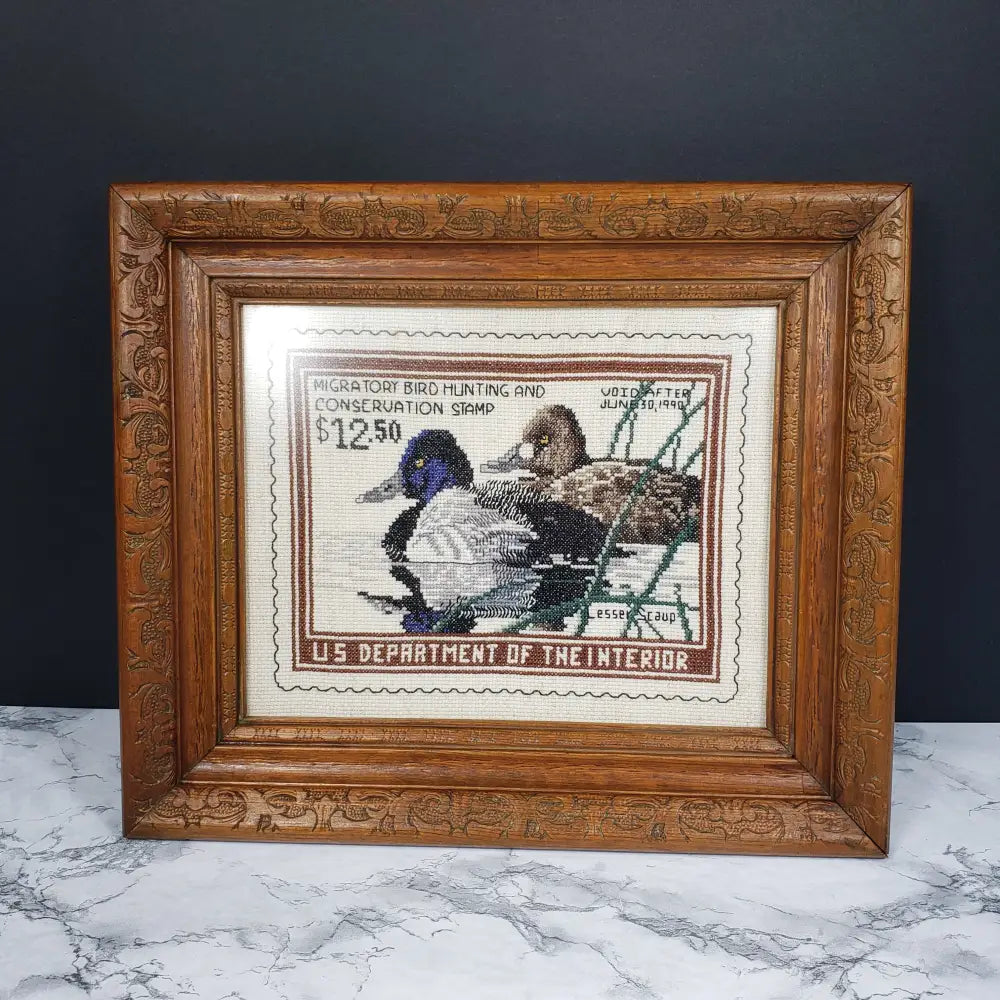 Framed Needlepoint Ducks Postage Stamp Vintage Decor