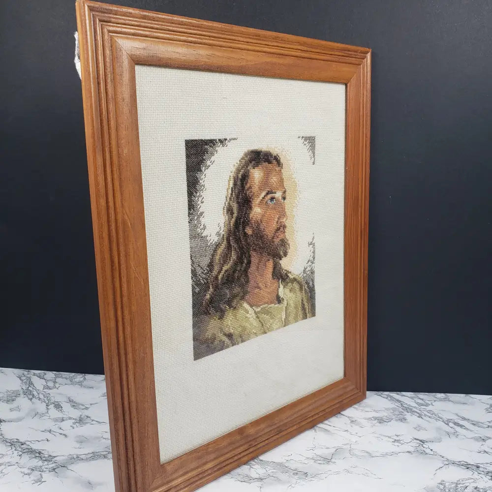Framed Needlepoint Jesus Detailed Handmade Vintage Decor
