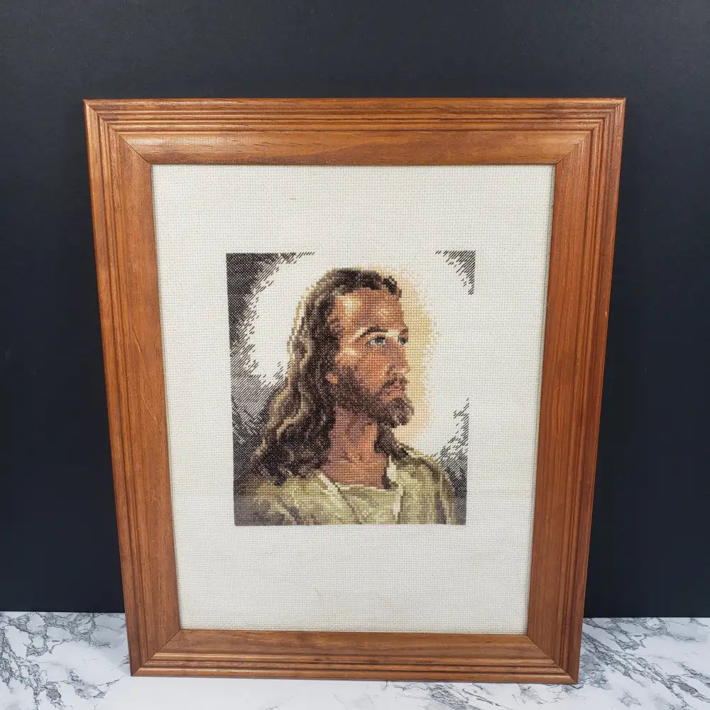 Framed Needlepoint Jesus Detailed Handmade Vintage Decor