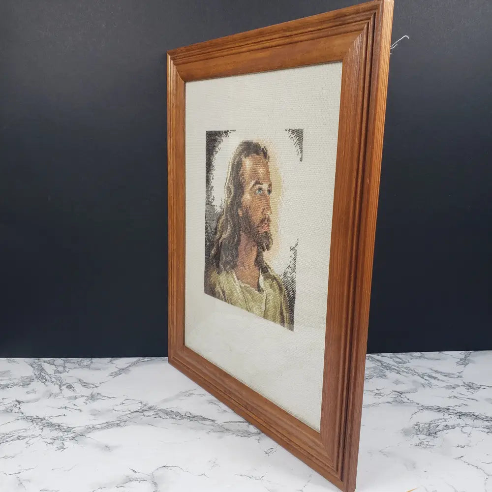 Framed Needlepoint Jesus Detailed Handmade Vintage Decor