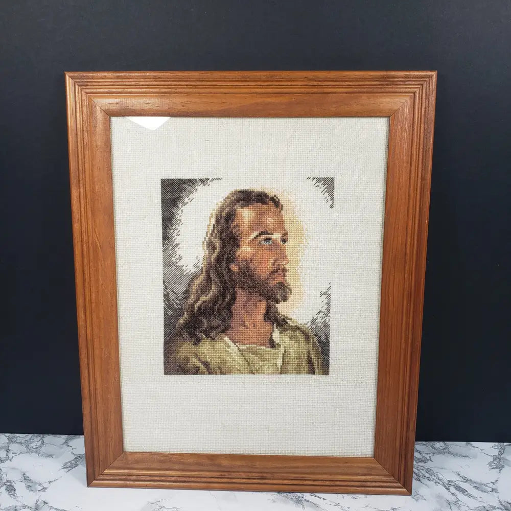 Framed Needlepoint Jesus Detailed Handmade Vintage Decor