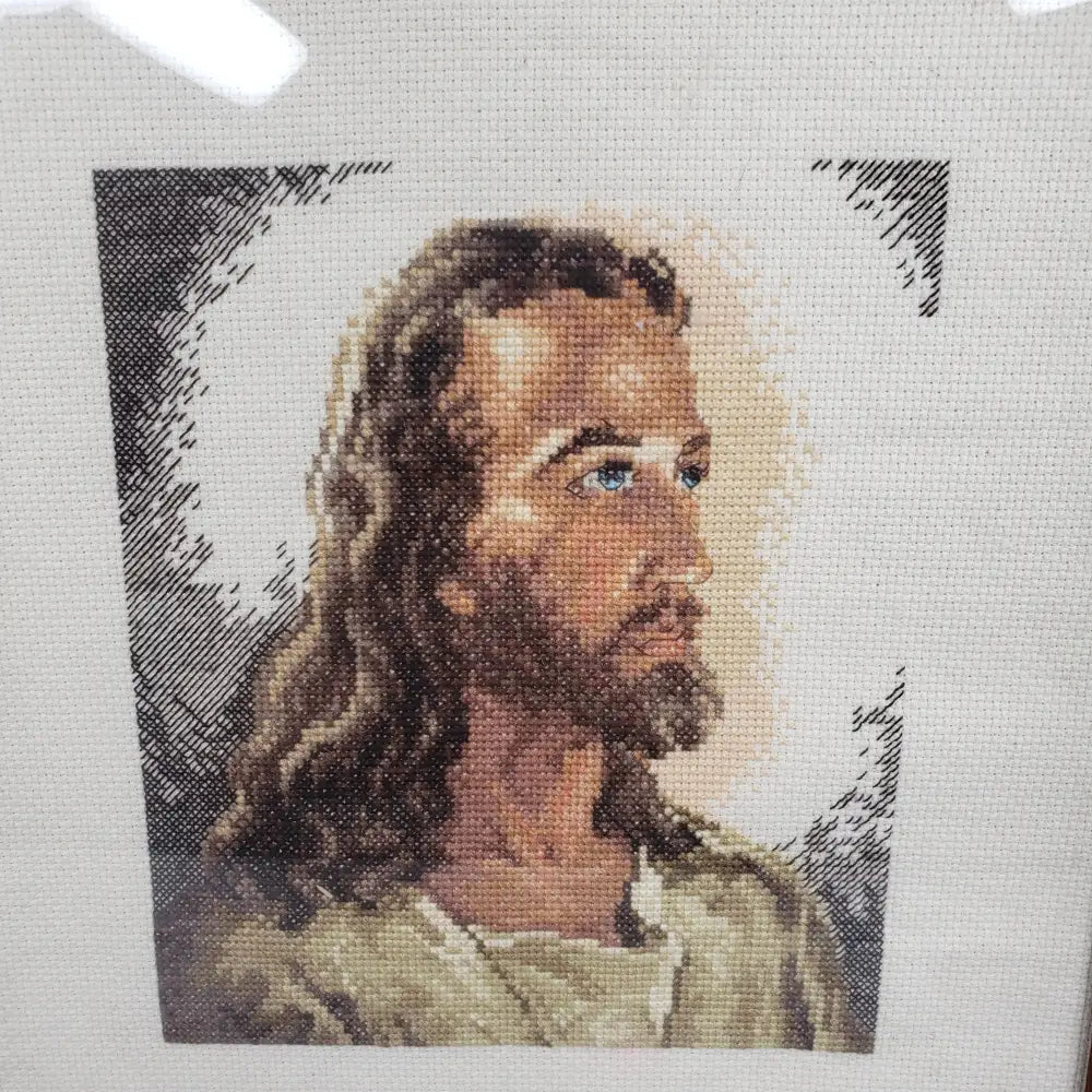 Framed Needlepoint Jesus Detailed Handmade Vintage Decor