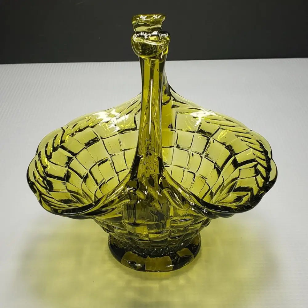 Glass Basket Woven Pattern Olive Green Vintage - Decor