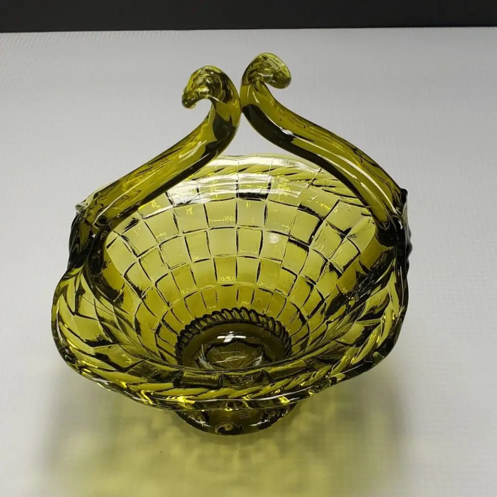 Glass Basket Woven Pattern Olive Green Vintage - Decor