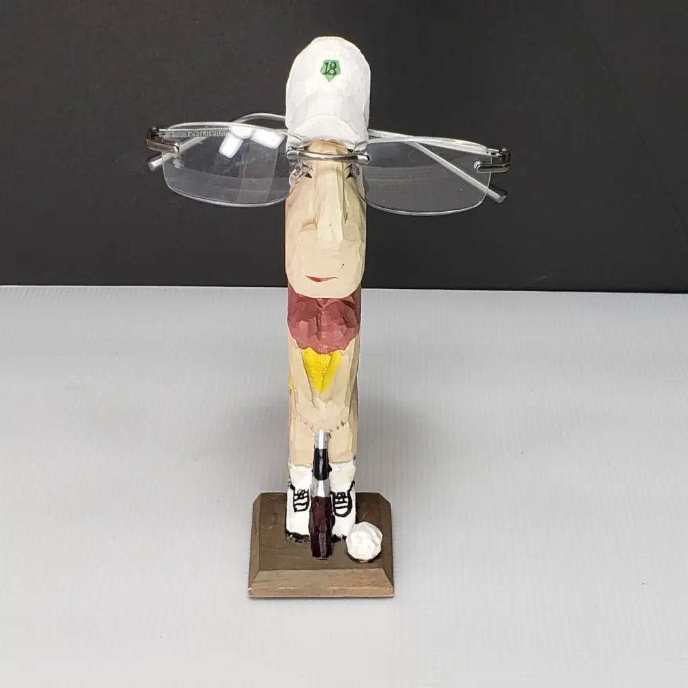 Golfer Eyeglass Holder Peepers Hand Carved Wood Decor