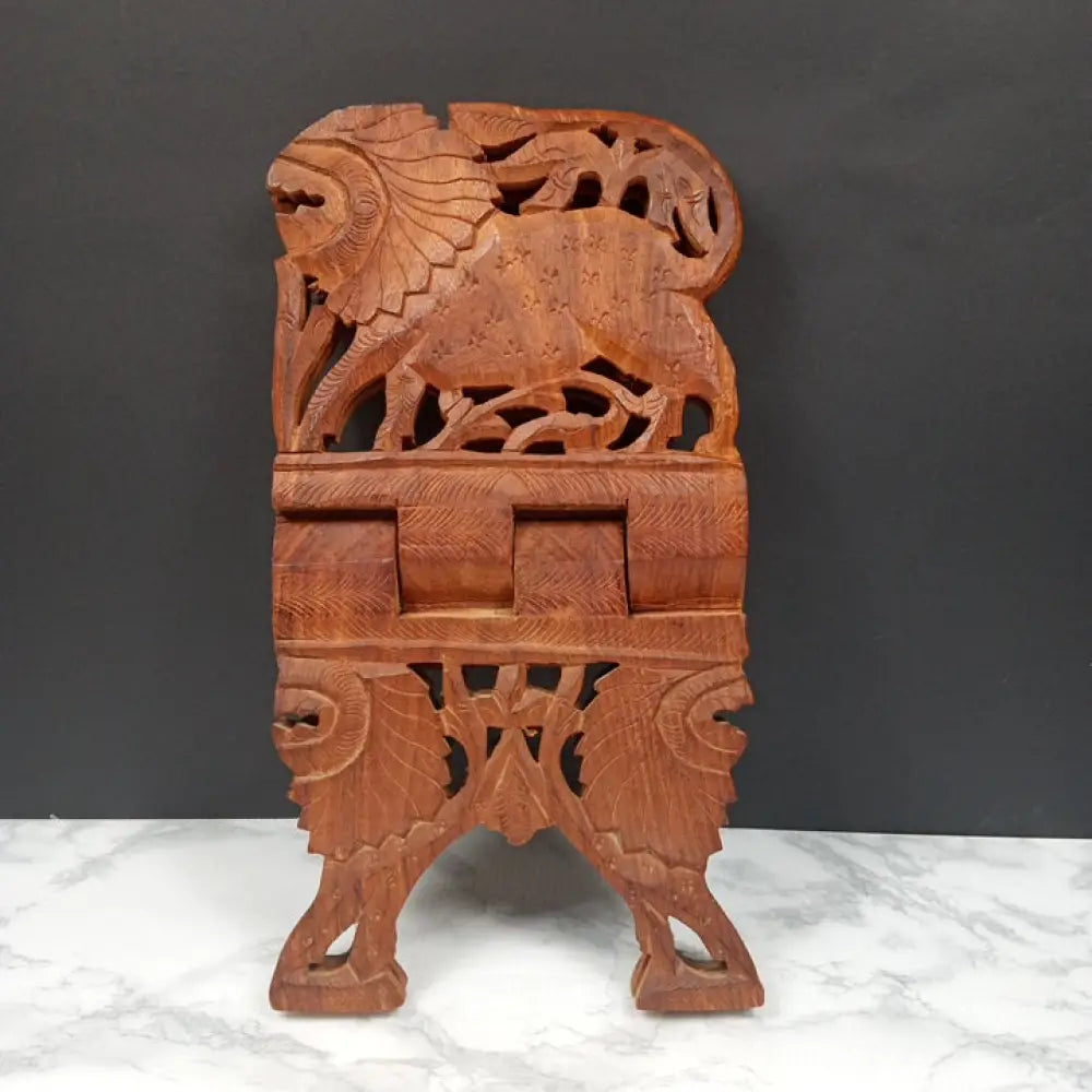 Hand Carved Sheesham Wood Lion Motif Book Stand ( Vintage ) Decor
