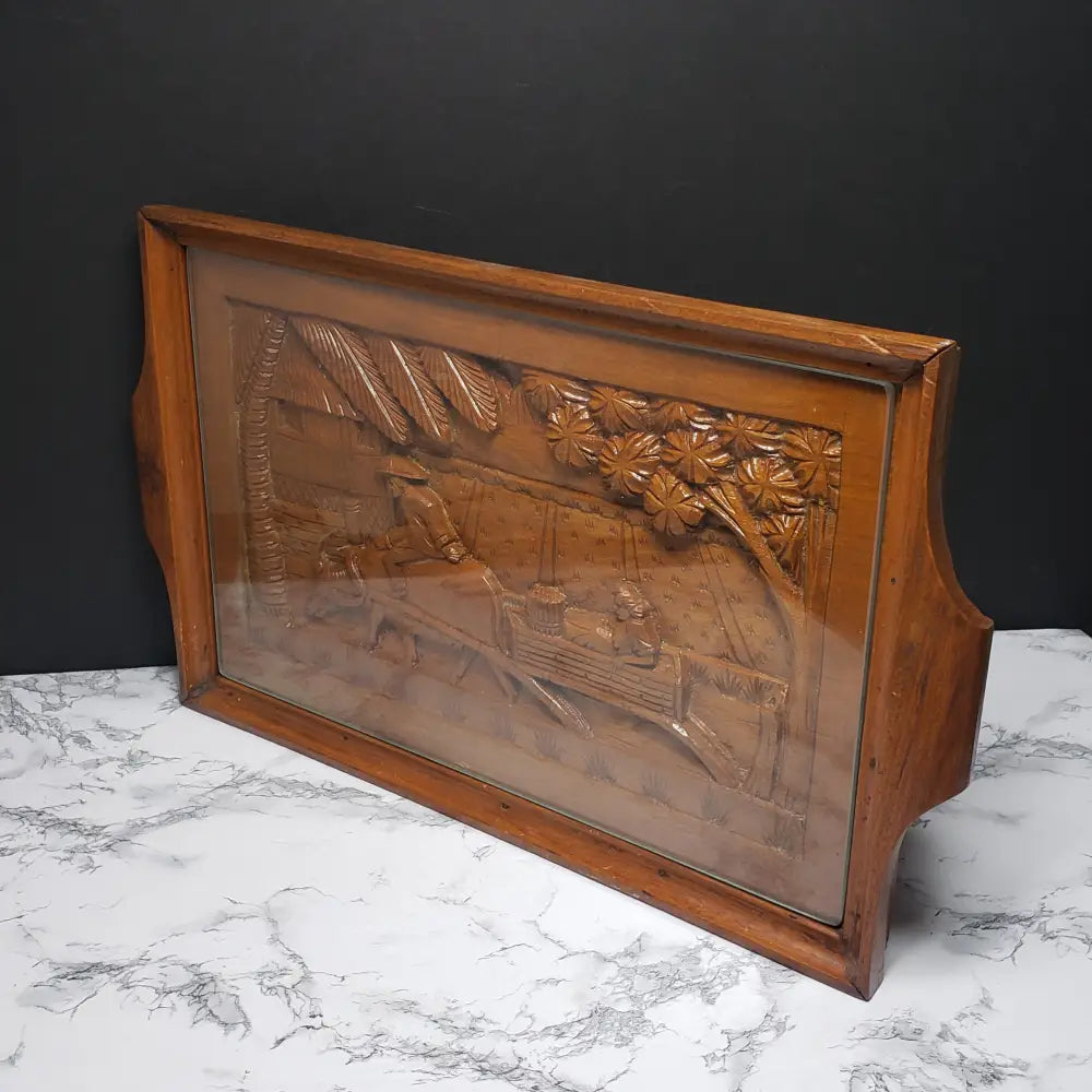 Hand Carved Solid Wood Tray With Tempered Glass (Vintage) Decor