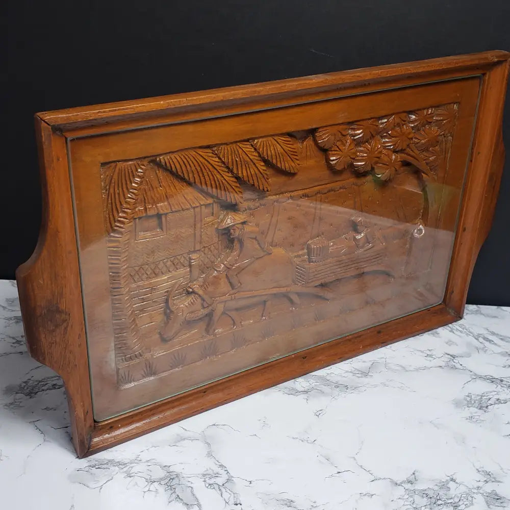 Hand Carved Solid Wood Tray With Tempered Glass (Vintage) Decor