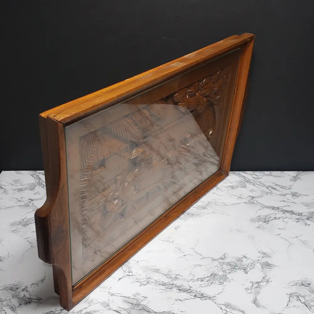 Hand Carved Solid Wood Tray With Tempered Glass (Vintage) Decor