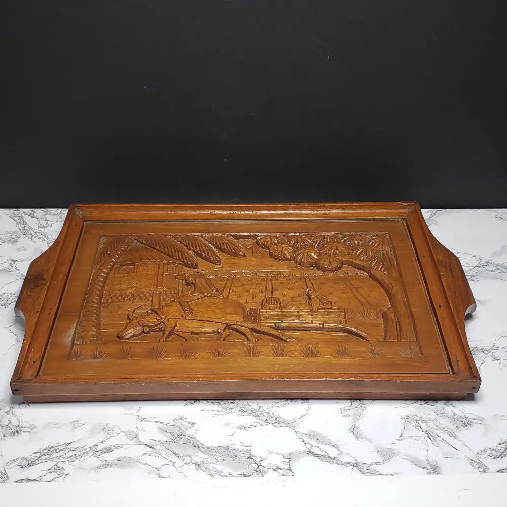 Hand Carved Solid Wood Tray With Tempered Glass (Vintage) Decor