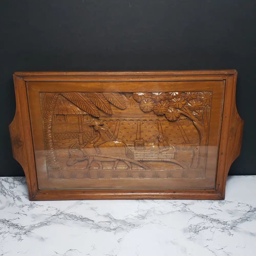 Hand Carved Solid Wood Tray With Tempered Glass (Vintage) Decor