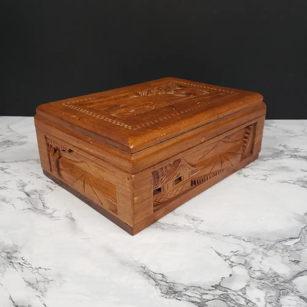 Hand Carved Wood Box Village Scene Vintage