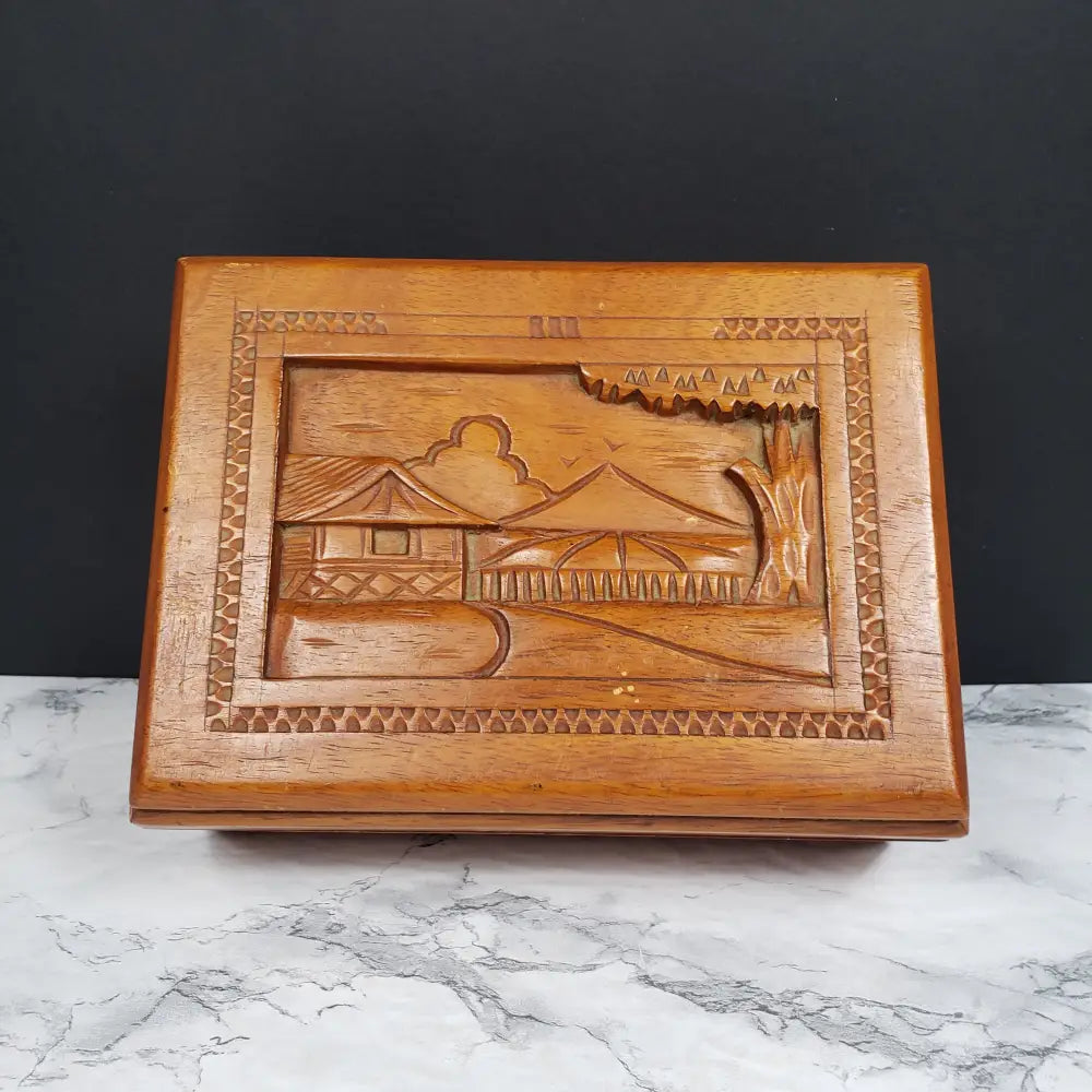 Hand Carved Wood Box Village Scene Vintage
