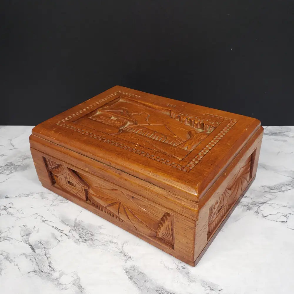 Hand Carved Wood Box Village Scene Vintage