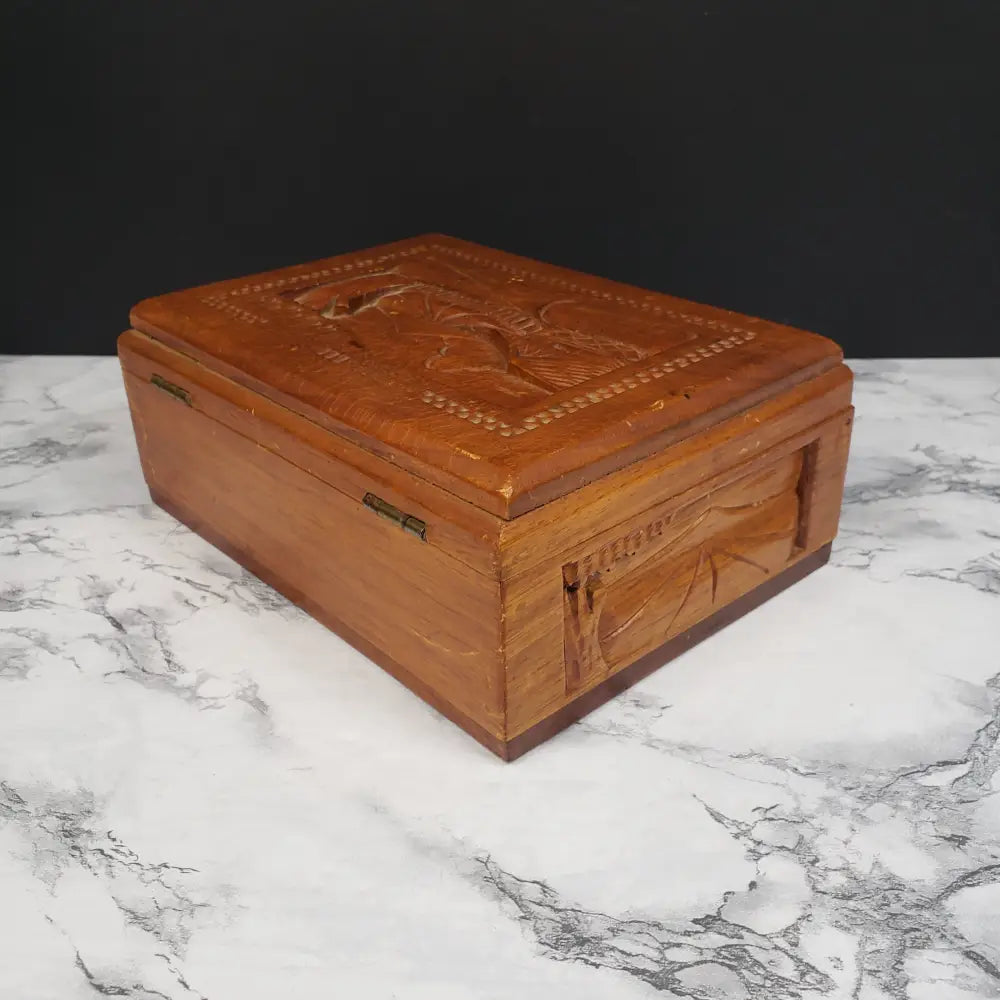 Hand Carved Wood Box Village Scene Vintage