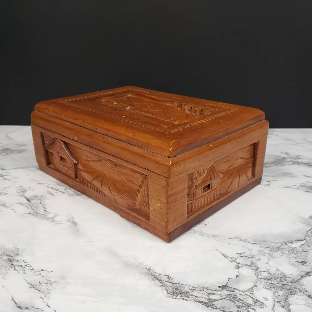 Hand Carved Wood Box Village Scene Vintage