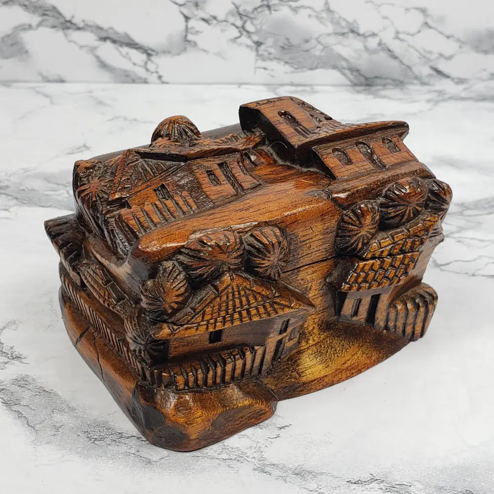 Hand Carved Wood Village Trinket Box Vintage Home & Garden