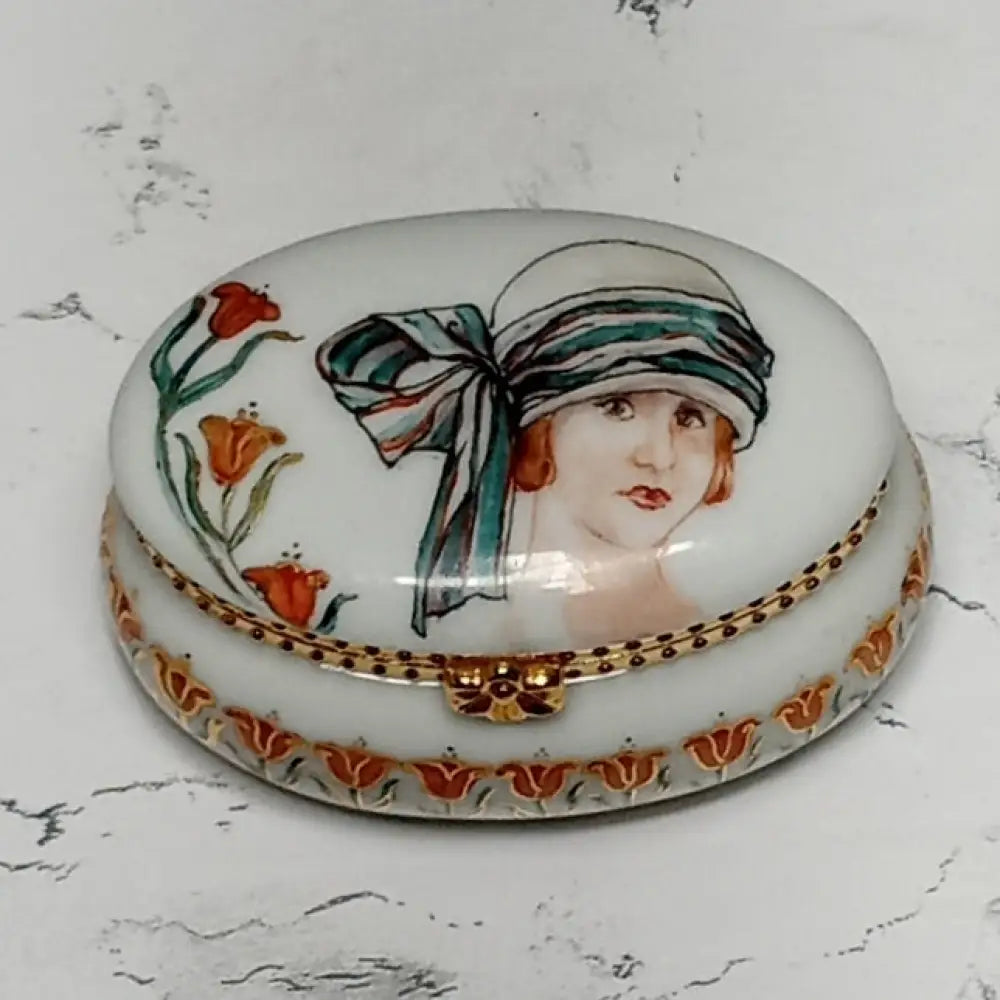 Hand Painted Porcelain Trinket Box Artist Signed ( Vintage ) Decor