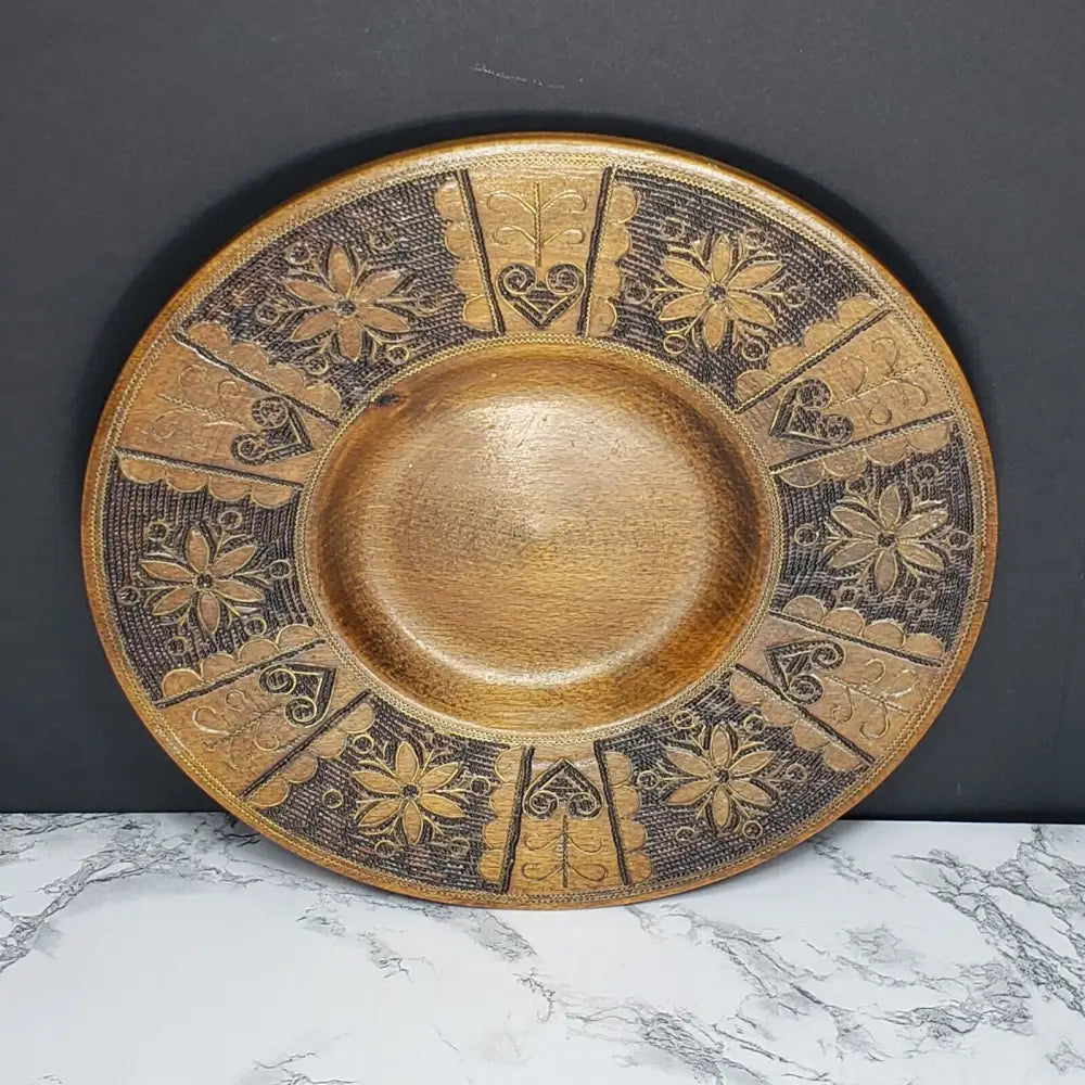 Handmade Krakow Poland Copper Inlayed Carved Wood Plate Vintage Decor