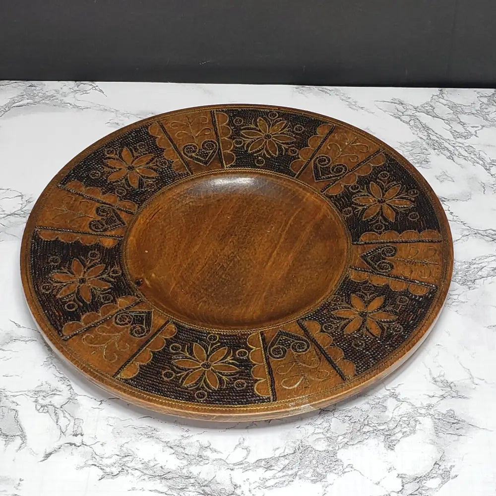 Handmade Krakow Poland Copper Inlayed Carved Wood Plate Vintage Decor