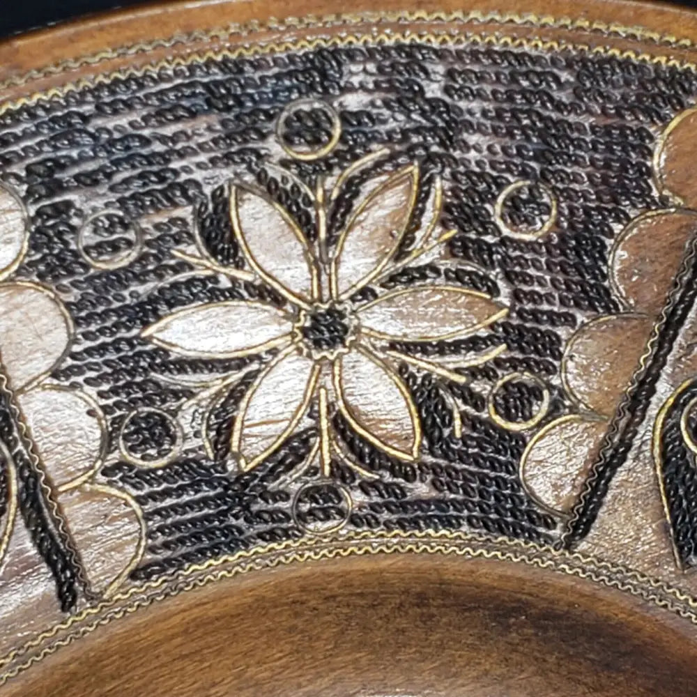 Handmade Krakow Poland Copper Inlayed Carved Wood Plate Vintage Decor