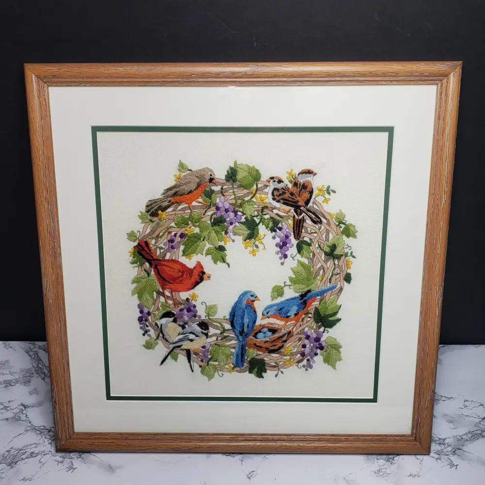 Handmade Crewel Birds Framed & Matted (Vintage) Decor
