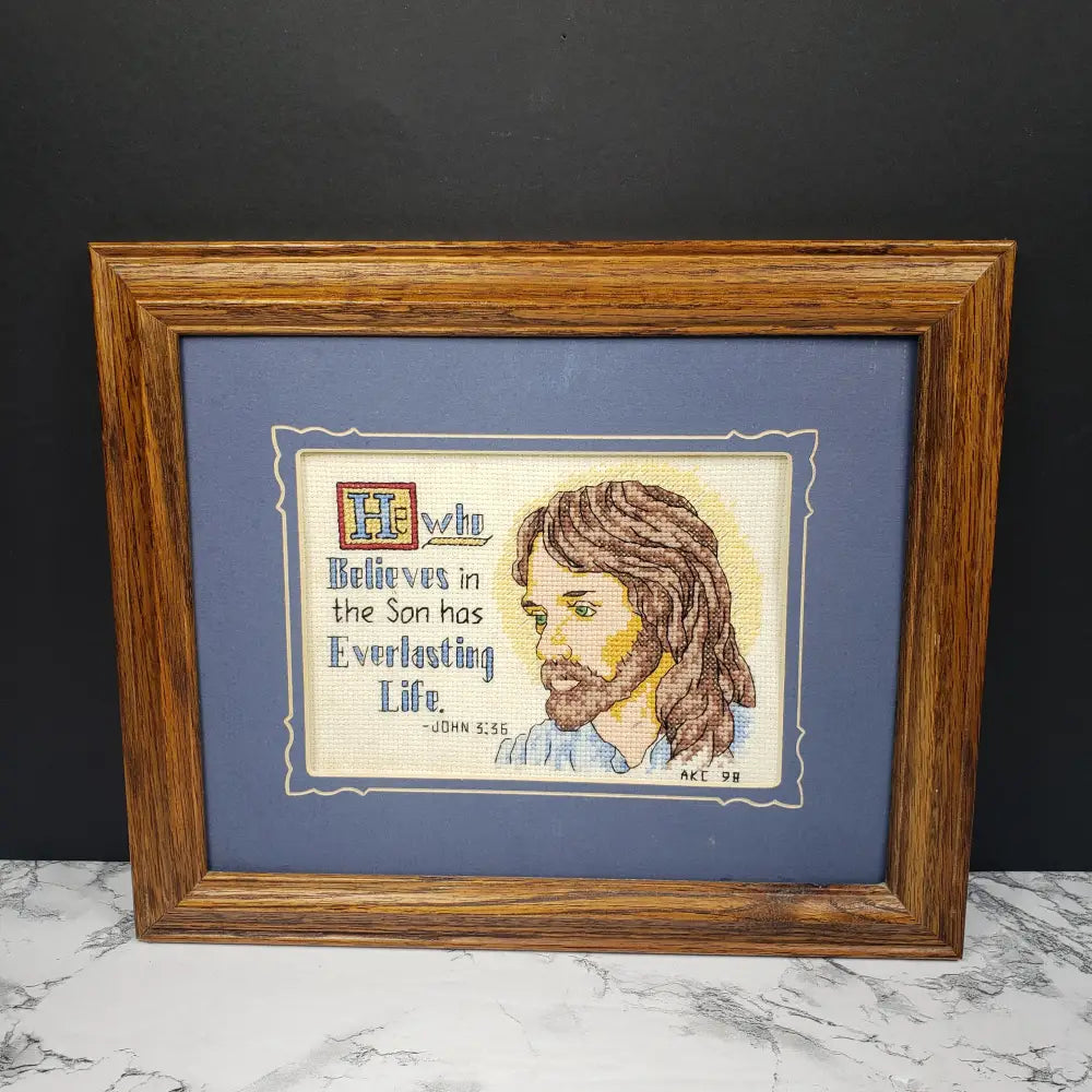 Handmade Framed Jesus Needlepoint Vintage Decor